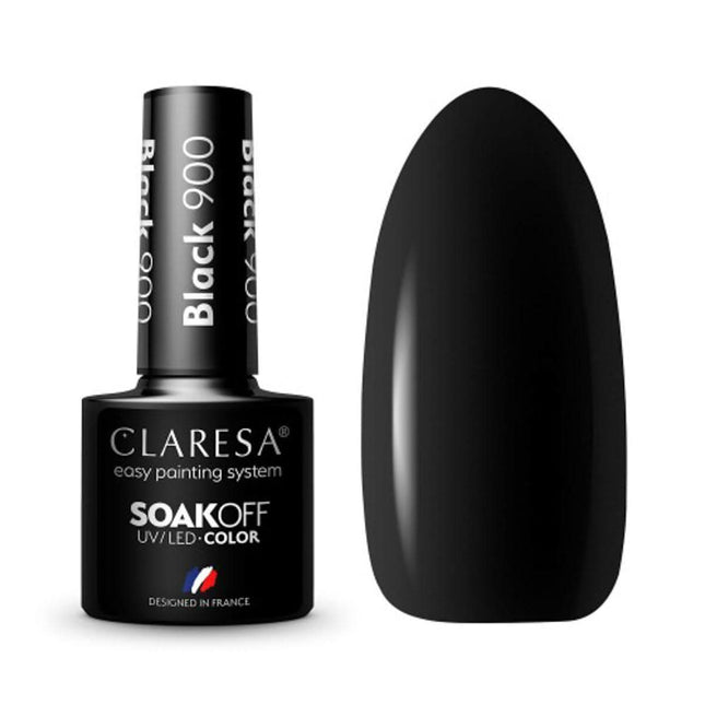 CLARESA hibridinis nagų lakas BLACK 900 5g – klasikinė juoda spalva manikiūrui ir pedikiūrui, patvarumas iki 3 savaičių