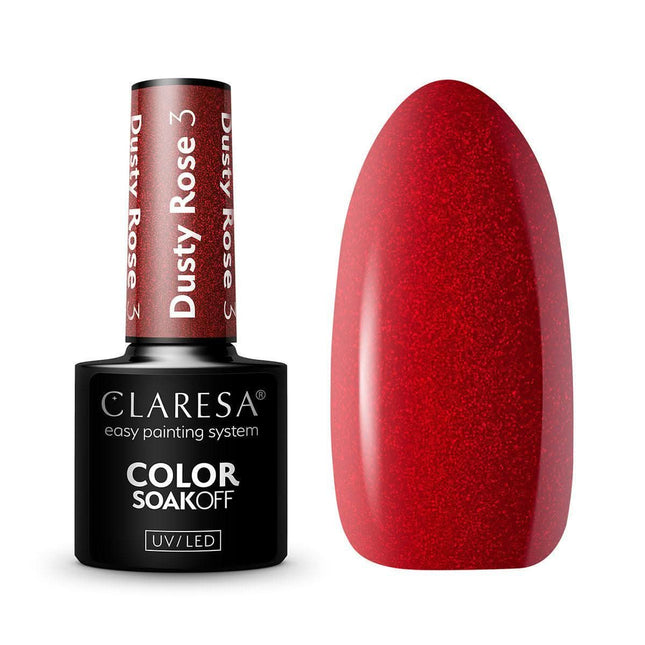 CLARESA hibridinis nagų lakas DUSTY ROSE 3 5g – prislopintas raudonai rožinis atspalvis su žėresiu manikiūrui