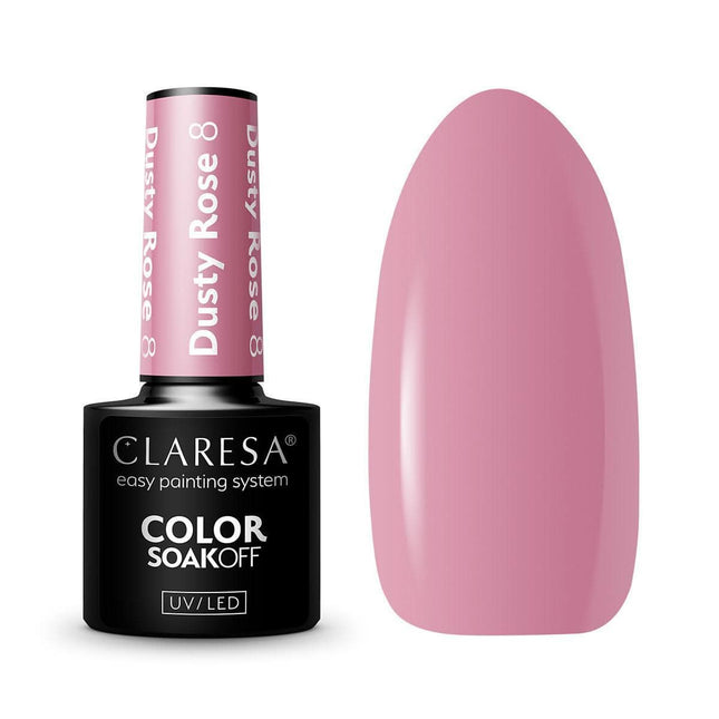 CLARESA hibridinis nagų lakas DUSTY ROSE 8 5g – pudruotas rožių atspalvis manikiūrui, patvarumas iki 3 savaičių