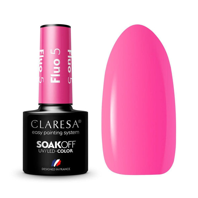 CLARESA hibridinis nagų lakas FLUO 5 5g – ryški fluorescencinė rožinė spalva manikiūrui ir pedikiūrui