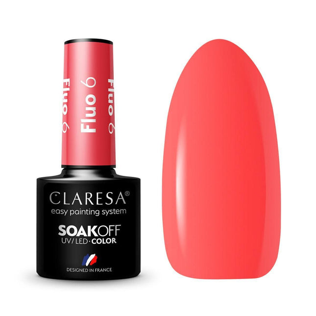 CLARESA hibridinis nagų lakas FLUO 6 5g – ryškus koralinis neonas, fluorescentinis, vasaros manikiūras ir pedikiūras