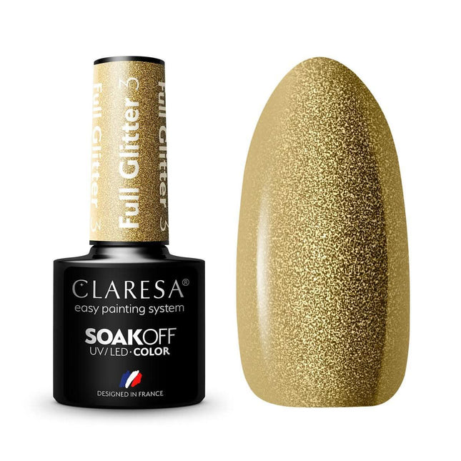 CLARESA hibridinis nagų lakas FULL GLITTER 3 5g – blizgučių efektas ilgalaikiam manikiūrui ir pedikiūrui salone