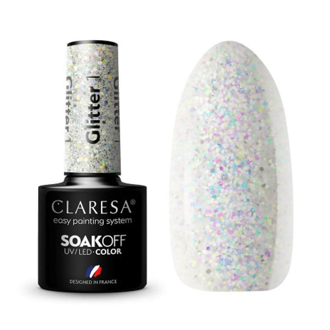 CLARESA hibridinis nagų lakas GLITTER 1 5g – blizgus manikiūro lakas profesionaliam salonui, lengva aplikacija