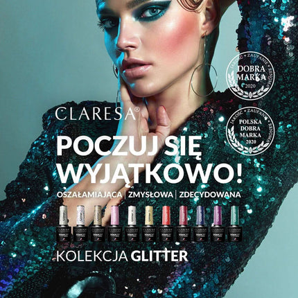 CLARESA GLITTER 1 hibridinis lakas manikiūrui – intensyvus blizgesys, tiksli aplikacija, taupo laiką salone