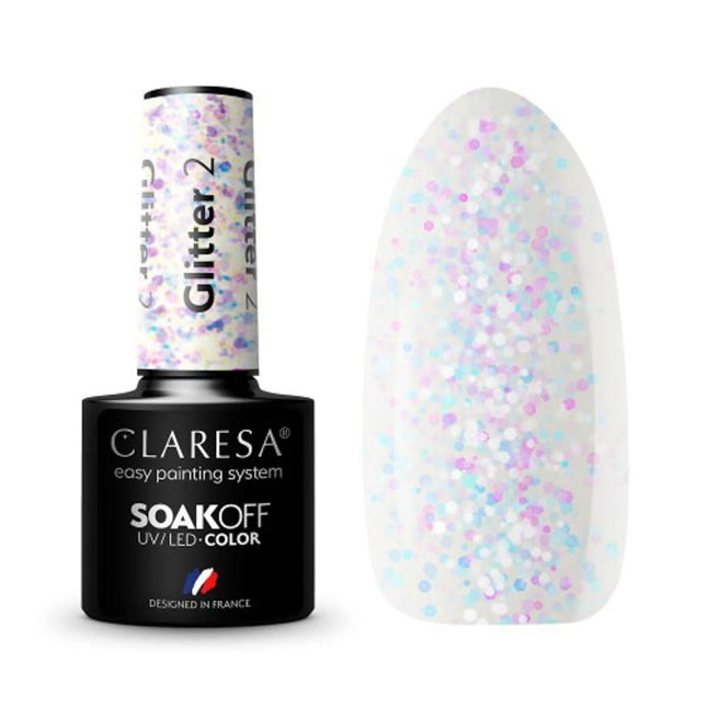 CLARESA hibridinis nagų lakas GLITTER 2 5g – blizgučių efektas manikiūrui, tikslus aplikavimas, ilgalaikis rezultatas