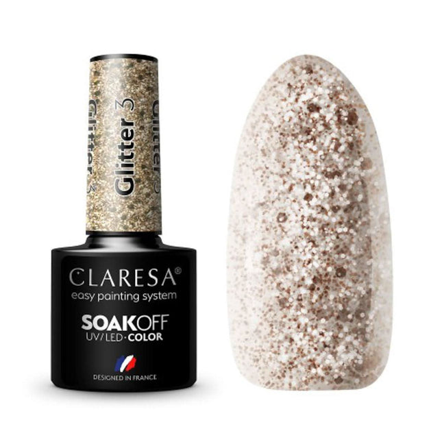 CLARESA hibridinis nagų lakas GLITTER 3 5g – aukso blizgučių manikiūras ilgalaikiam efektui