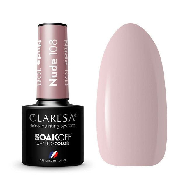 CLARESA hibridinis nagų lakas NUDE 108 5g – pudruotas rožinis bežo atspalvis kasdieniam manikiūrui ir pedikiūrui