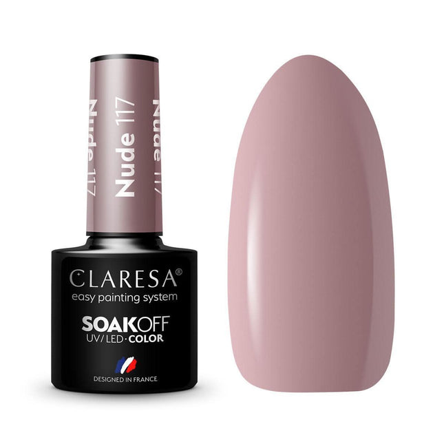 CLARESA hibridinis nagų lakas NUDE 117 5g – violeto ir beižo atspalvių lakas profesionaliam manikiūrui ir pedikiūrui
