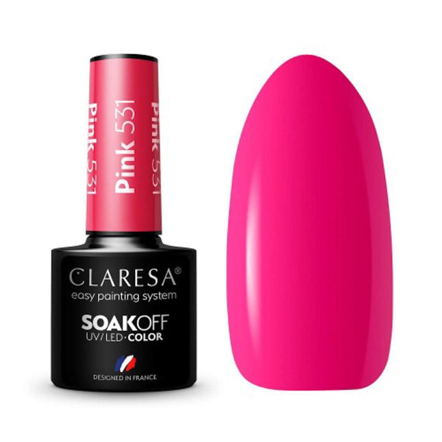 CLARESA hibridinis nagų lakas PINK 531 5g – neoninis rožinis lakas iš RAINBOW EXPLOSION kolekcijos manikiūrui