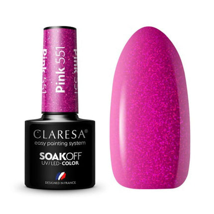 CLARESA hibridinis nagų lakas PINK 551 5g – aviečių atspalvis su blizgučiais, CLASSIC kolekcija, manikiūrui ir pedikiūrui
