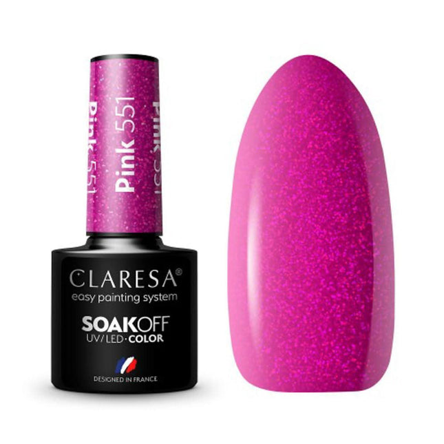 CLARESA hibridinis nagų lakas PINK 551 5g – aviečių atspalvis su blizgučiais, CLASSIC kolekcija, manikiūrui ir pedikiūrui