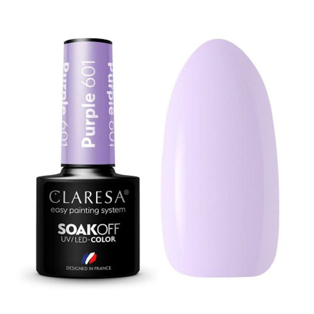 CLARESA hibridinis nagų lakas PURPLE 601 5g – šviesiai alyvinė spalva profesionaliam manikiūrui iki 3 savaičių