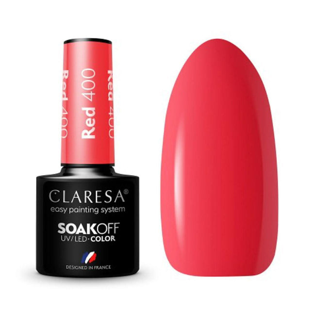 CLARESA hibridinis nagų lakas RED 400 5g – ryškus raudonai oranžinis atspalvis, RAINBOW EXPLOSION kolekcija, manikiūras