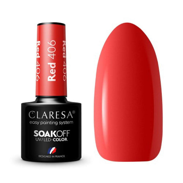 CLARESA hibridinis nagų lakas RED 406 5g – intensyvios raudonos spalvos manikiūro lakas iš RAINBOW EXPLOSION serijos