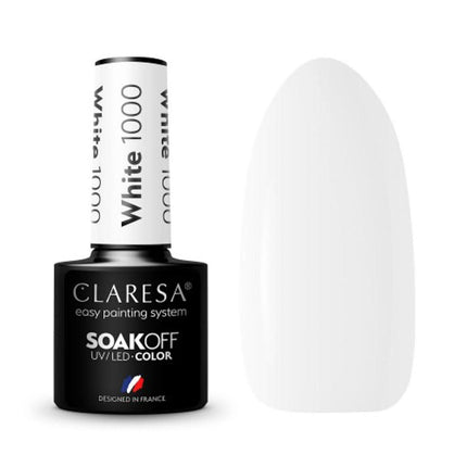 CLARESA hibridinis nagų lakas WHITE 1000 5g – baltas nagų lakas manikiūrui, universalus pagrindas dekoracijoms