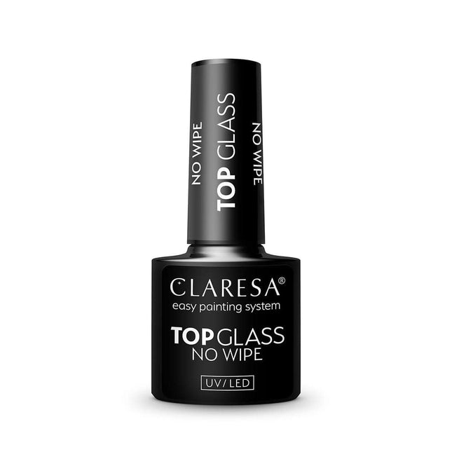 CLARESA hibridinis viršutinis gelio sluoksnis Top Glass No Wipe 5 g – ilgalaikis manikiūro topas be lipnaus sluoksnio