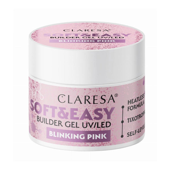 CLARESA Soft&Easy Builder Gel BLINKING PINK 12g – statybinis nagų gelis manikiūrui ir pedikiūrui