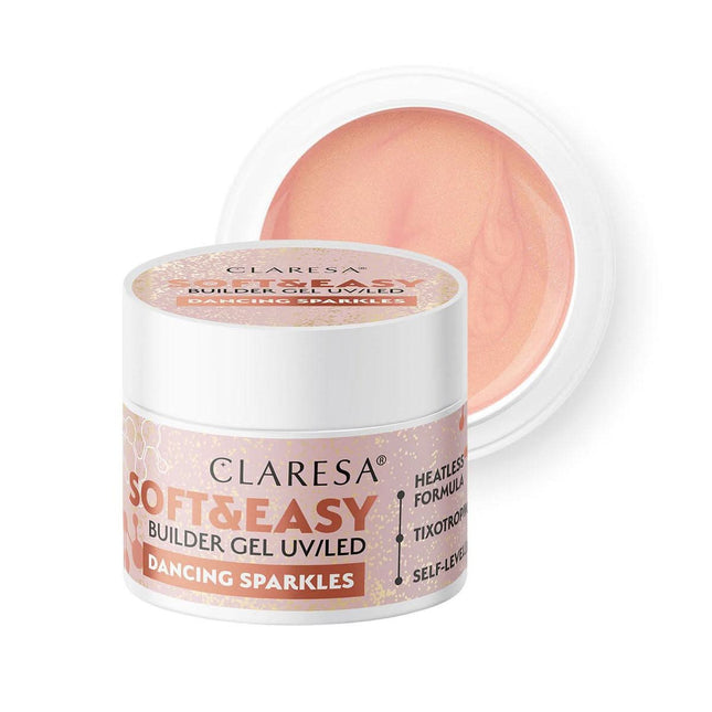 CLARESA Soft&Easy Dancing Sparkles nagų gelis 12g – statybinis manikiūro gelis su blizgučiais profesionaliems meistrų darbams