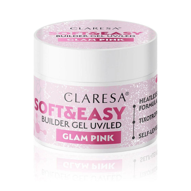 CLARESA Soft&Easy Glam Pink 90g statybinis nagų gelis manikiūrui – rožinis builder gel ilgalaikiam rezultatui