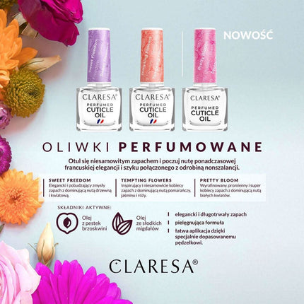 CLARESA Pretty Bloom aliejus – regeneruoja nagų matricą, stiprina nago plokštelę, idealus manikiūro užbaigimui