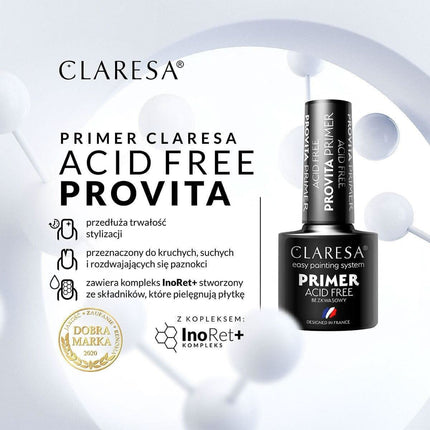 CLARESA Acid Free Provita nuriebalintojas – manikiūro gruntas geresniam sukibimui sausoms ir skilinėjančioms nagų plokštelėms