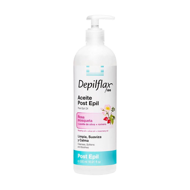 DEPILFLAX 100 aliejus po depiliacijos 500 ml – šalina vaško likučius, ramina odą, citrusų kvapas, salonams
