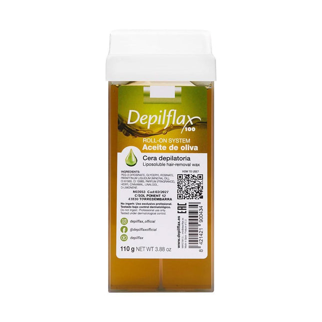 DEPILFLAX 100 depiliacinis vaškas kasetė OLIVE 110g su alyvuogių ekstraktu – švelnus depiliacijai jautriai odai