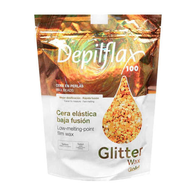 DEPILFLAX vaško granulės Gold Glitter 1 kg – profesionalios depiliacijos aukso blizgučių vaškas salonams