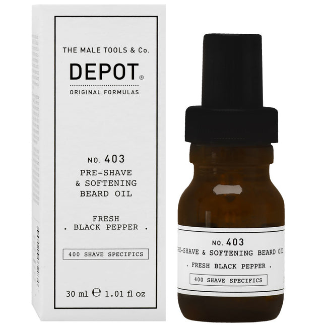 Depot NO. 403 priemonė prieš skutimąsi ir barzdos minkštiklis 30 ml – profesionalus barzdos paruošimo produktas salonams
