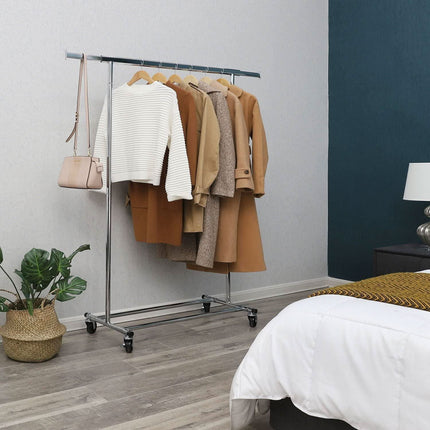 Mobili metalinė drabužių kabykla su ratukais grožio salonui – lengvas perkėlimas tarp darbo zonų