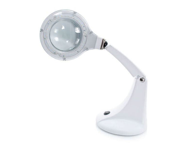 ELEGANTE stalinė lempa-lupa MINI 30 LED SMD 5D balta – kompaktiška darbo vietos lupa kosmetologams