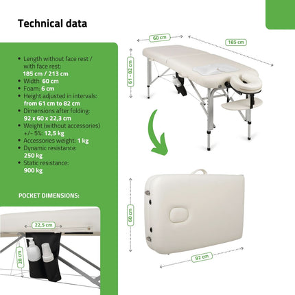 Pārnēsājams masāžas galds HABYS Vera 60 cm, balts