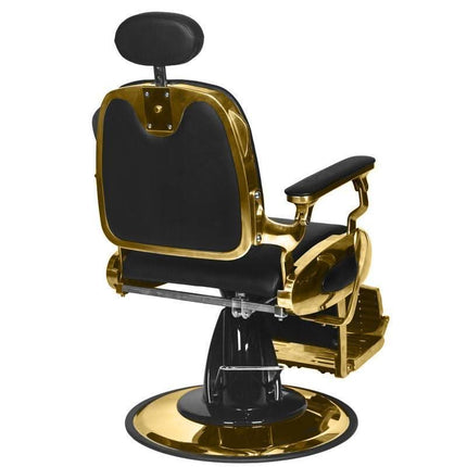 GABBIANO barberio kėdė su hidrauliniu mechanizmu – juodai auksinė, ideali reprezentatyviam barberio salonui