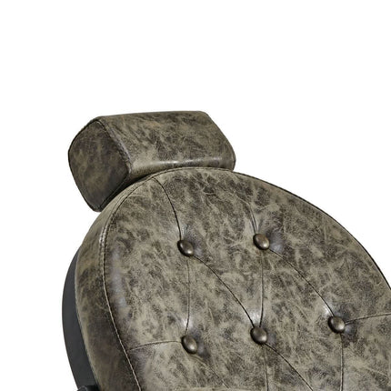 GABBIANO barberio kėdė su žaliu OLD LEATHER apmušalu – moderni retro estetika salonui