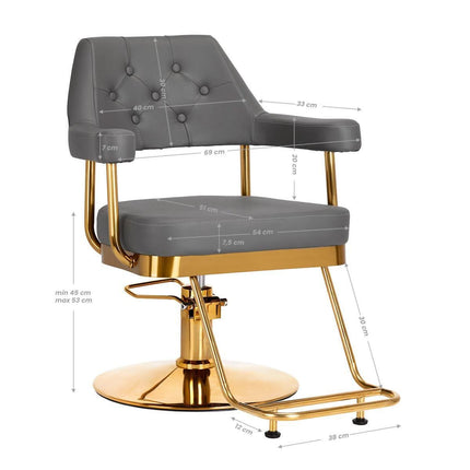 GABBIANO kirpyklos kėdė pilka auksinė – apgalvoti ergonominiai sprendimai profesionaliam salonui