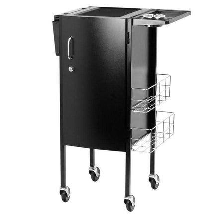 Black salon trolley with lockable storage, wire baskets and rolling wheels