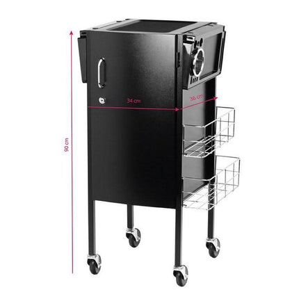 Black salon trolley with metal baskets, wheels, and measurements 90x36x34 cm for beauty equipment