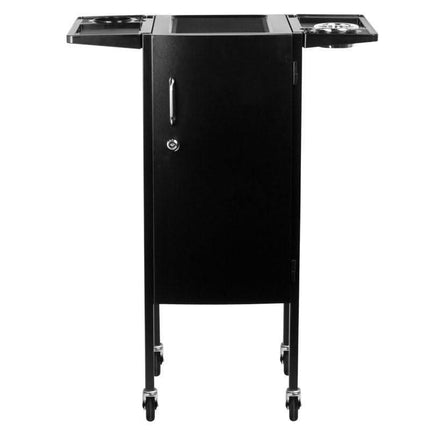 Black salon trolley with wheels, side trays, and a cabinet for beauty tools