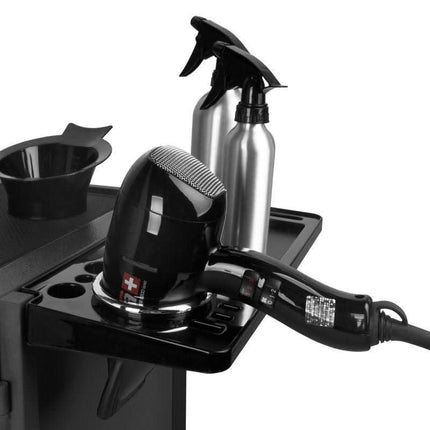 Barber trolley with hair dryer, spray bottles, and mixing bowl for salon use