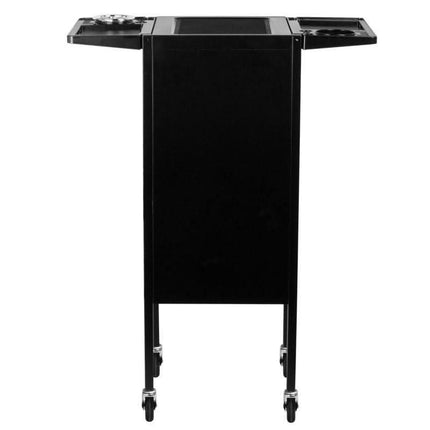 Black salon trolley cart with fold-out trays and wheels, professional beauty furniture