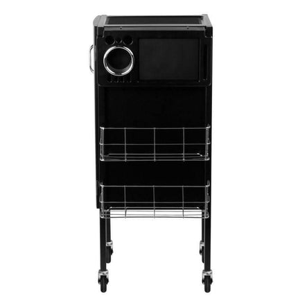 Black salon trolley cart with metal storage shelves and wheels for beauty equipment