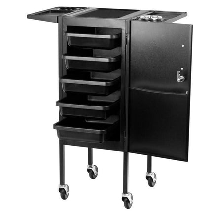 Black salon trolley with multiple storage drawers, side compartments, and rolling wheels