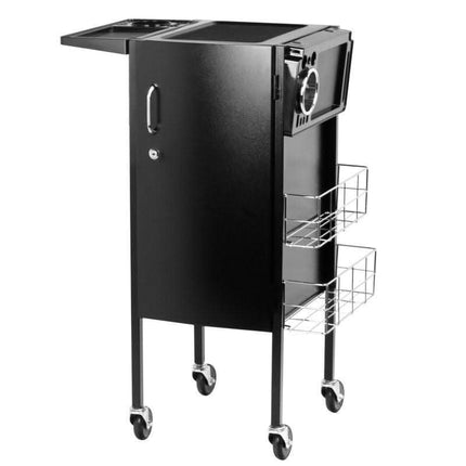 Black beauty salon trolley with metal side baskets and lockable storage on wheels