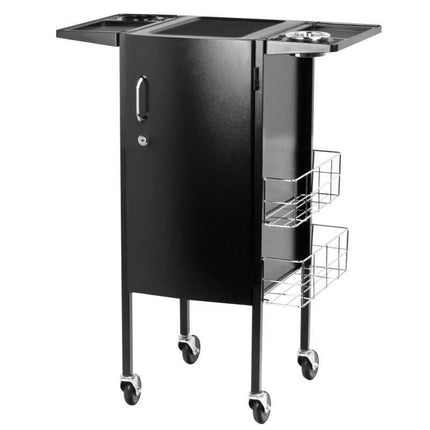 Black salon trolley with metal baskets, wheels, and organizer trays for beauty tools