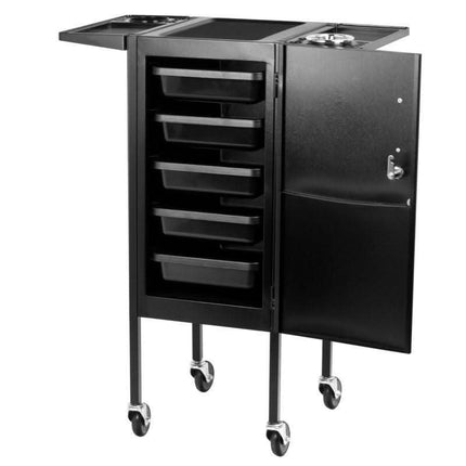 Black beauty salon trolley with drawers, wheels, and lockable storage cabinet