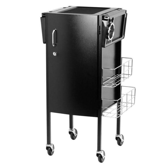 Black salon trolley with wheels, metal baskets, and lockable door for beauty salons