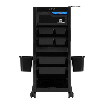Juodas kirpėjo instrumentų vežimėlis su UV sanitizatoriumi profesionaliam grožio salonui