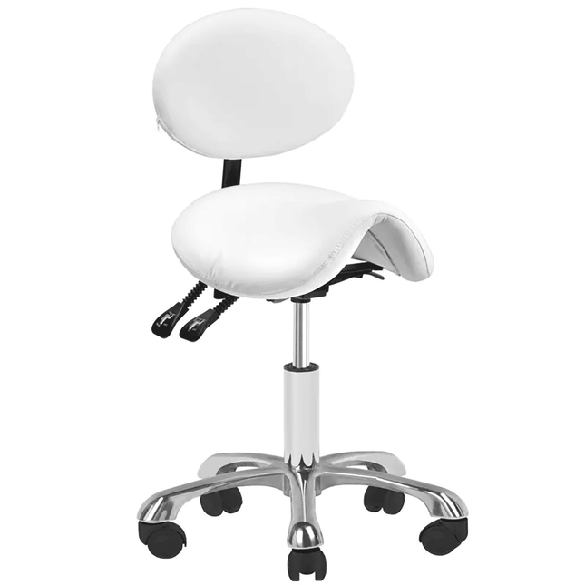 GIOVANNI 1025 balta meistro kėdė kosmetologijos kabinetui – ergonomiška, reguliuojamo pasvirimo kampo darbo kėdė