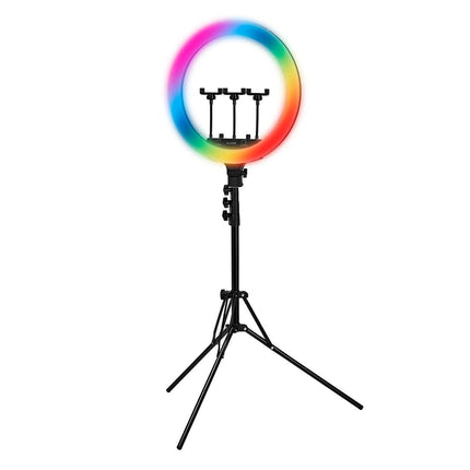 GLOW 18" RGB žiedinė lempa ant stovo – idealus apšvietimas makiažui ir grožio procedūroms
