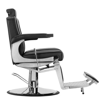 Juoda hidraulinė barberio kėdė HAIR SYSTEM – sėdynės aukštis reguliuojamas 55–68 cm su klientu